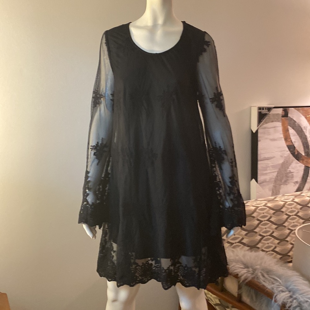 She + Sky Black lacy dressy baby doll dress long sleeve sheer